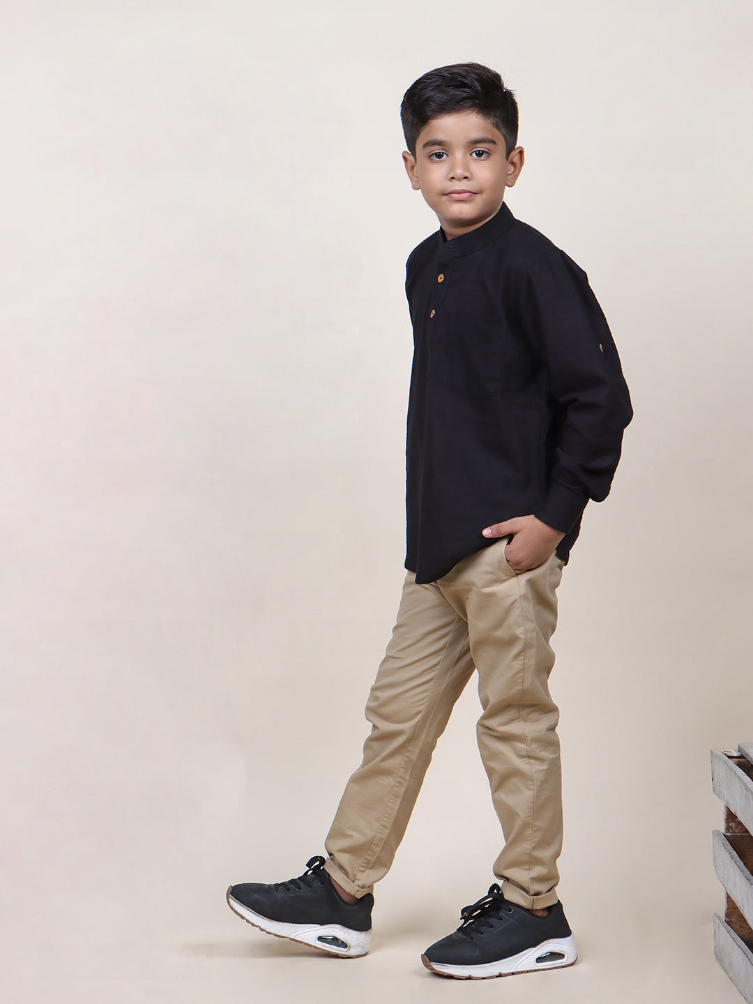 Boys Black Rolled Up Cotton Shirt