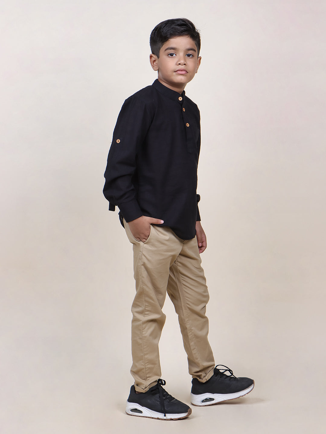 Boys Black Rolled Up Cotton Shirt