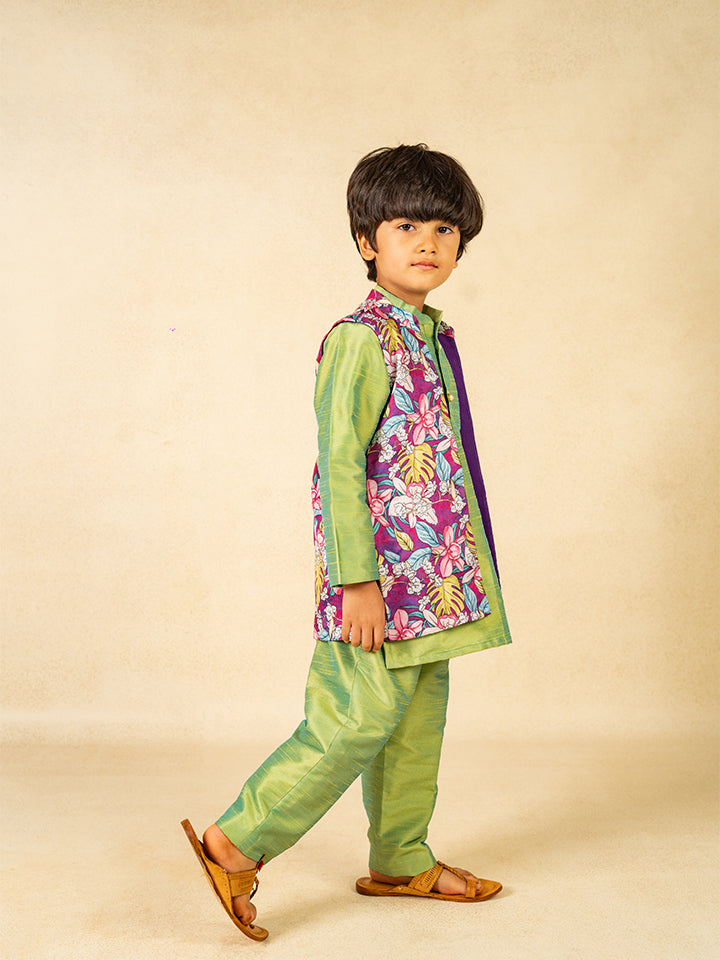 Boys Green Kurta and Pant with Purple Roman Digital Print Jacket (Set of 3)