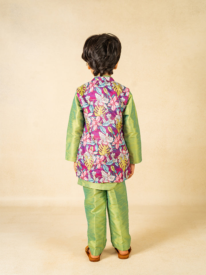 Boys Green Kurta and Pant with Purple Roman Digital Print Jacket (Set of 3)