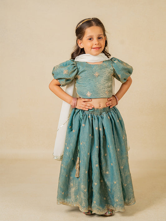 Girls Fendy Crush Blue Top and  Lehenga with Georgette Dupatta (Set of 3)