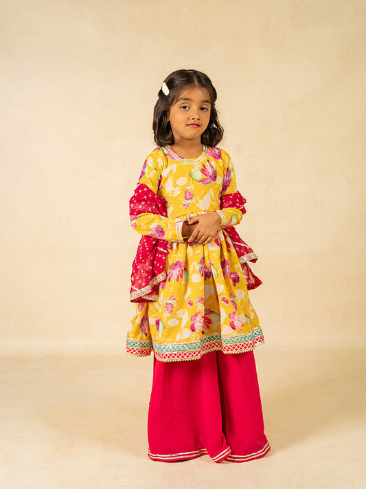 Girls Yellow Anarkali Top and Palazzo with Dupatta (Set of 3)