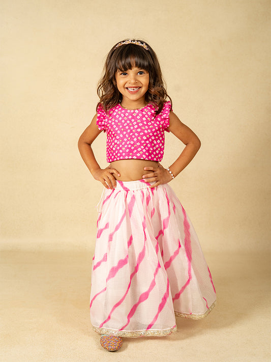 Girls Pink Hand Embroidered Top and Moonga Digital printed Lehenga with Dupatta (Set of 2)