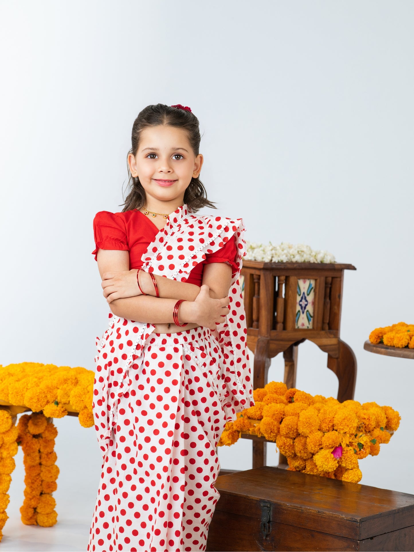 Red Polka Pre-Stitched Cotton Saree for Girls