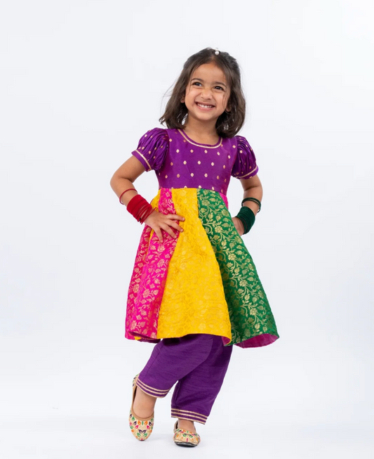 Aarohi -  Multicoloured Banarasi Anarkali Kurta and Purple Pant with Yellow Dupatta (Set of 3)
