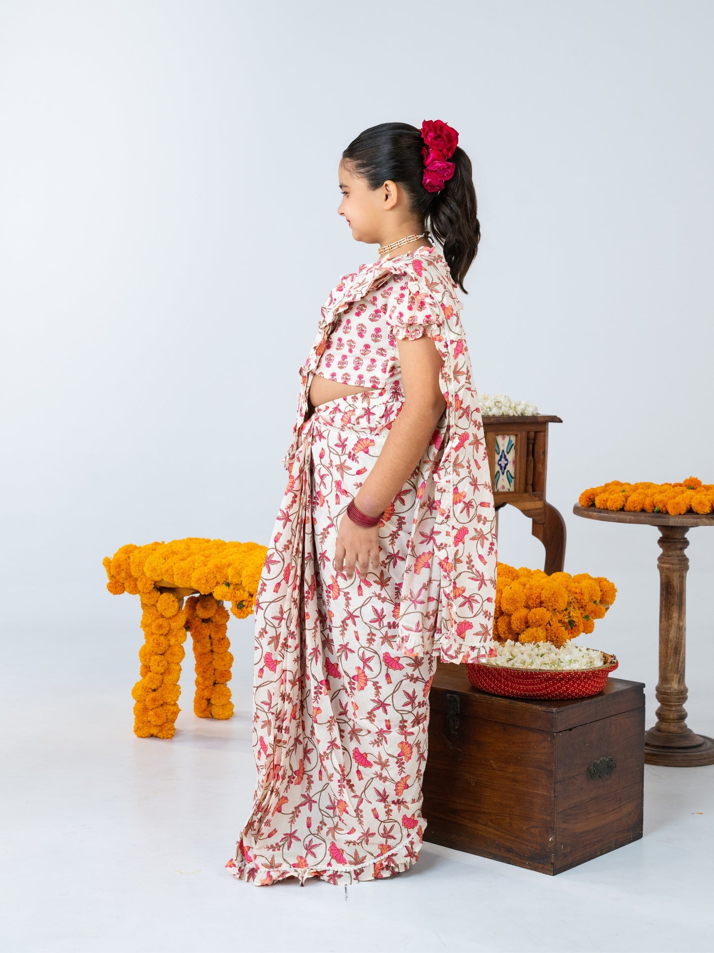 White Floral Pre-Stitched Cotton Saree for Girls
