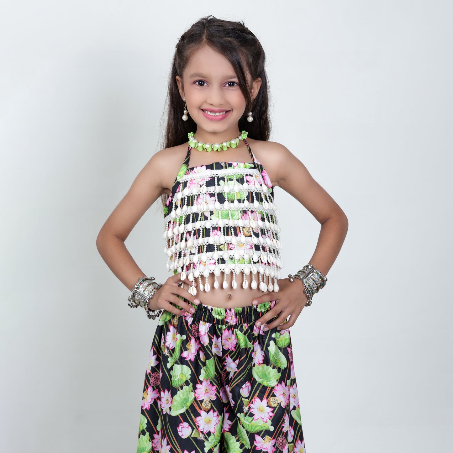 Girls Ethnic Green & Black Palazzo With Blouse