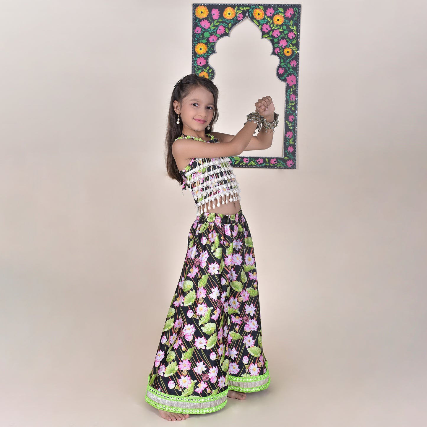 Girls Ethnic Green & Black Palazzo With Blouse