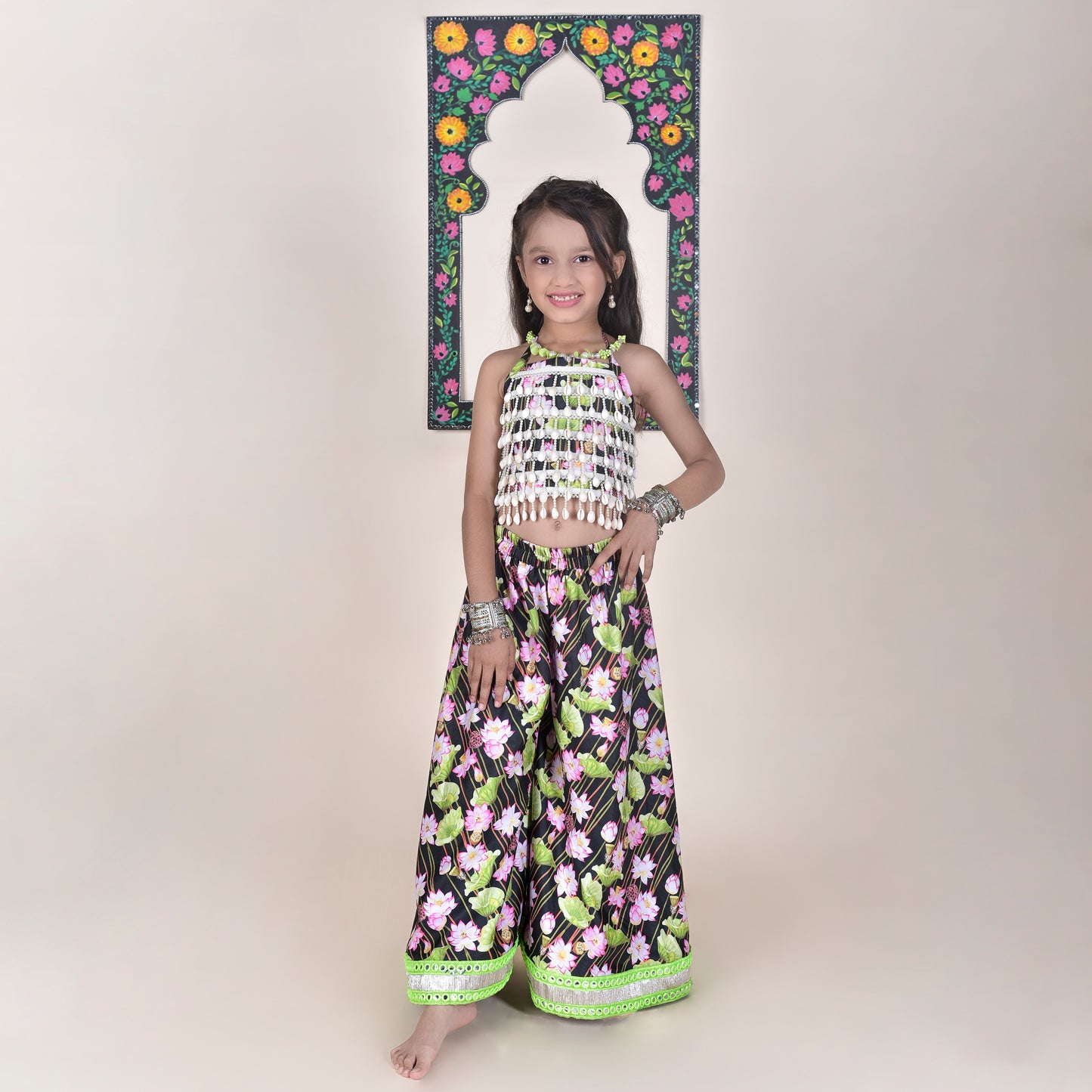 Girls Ethnic Green & Black Palazzo With Blouse