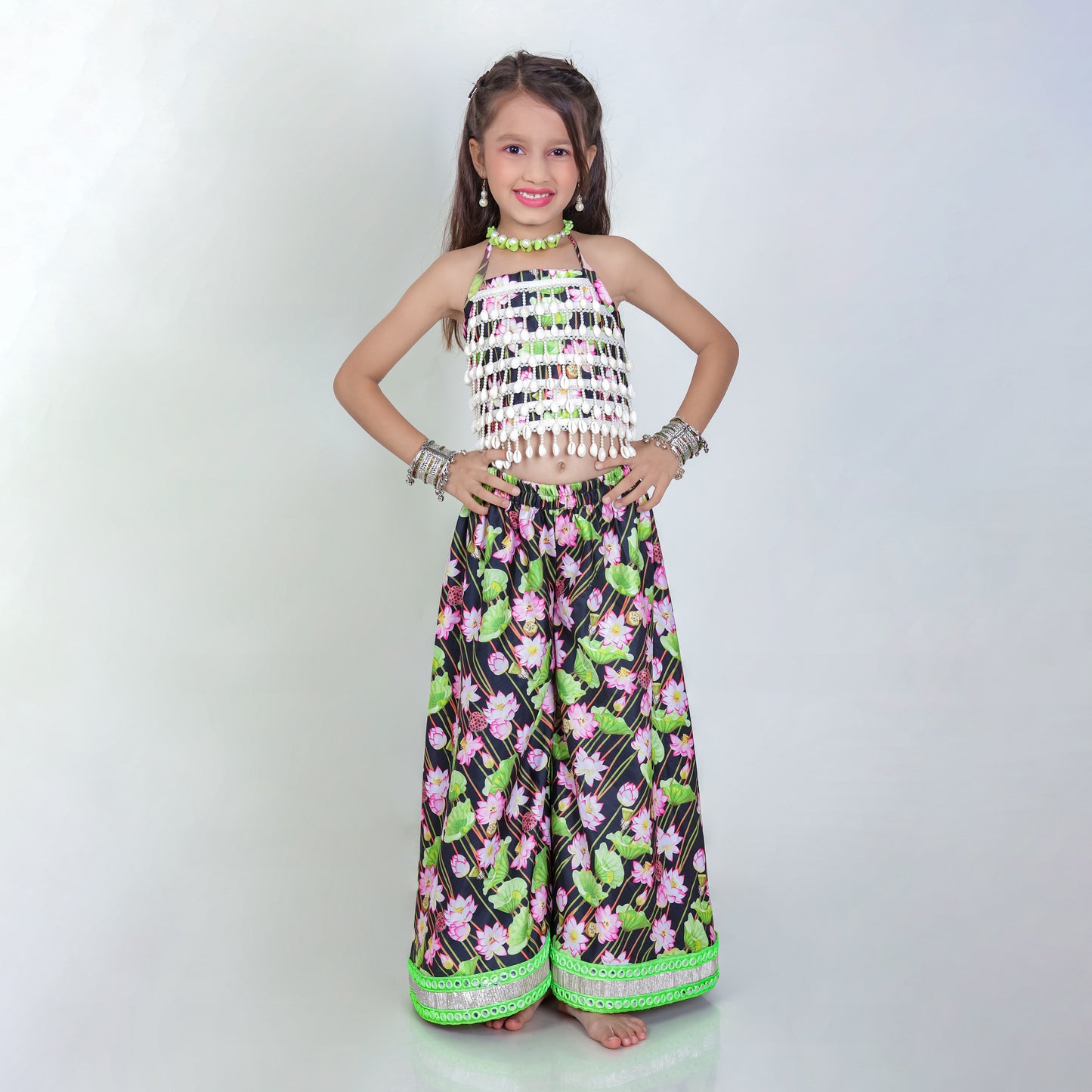 Girls Ethnic Green & Black Palazzo With Blouse