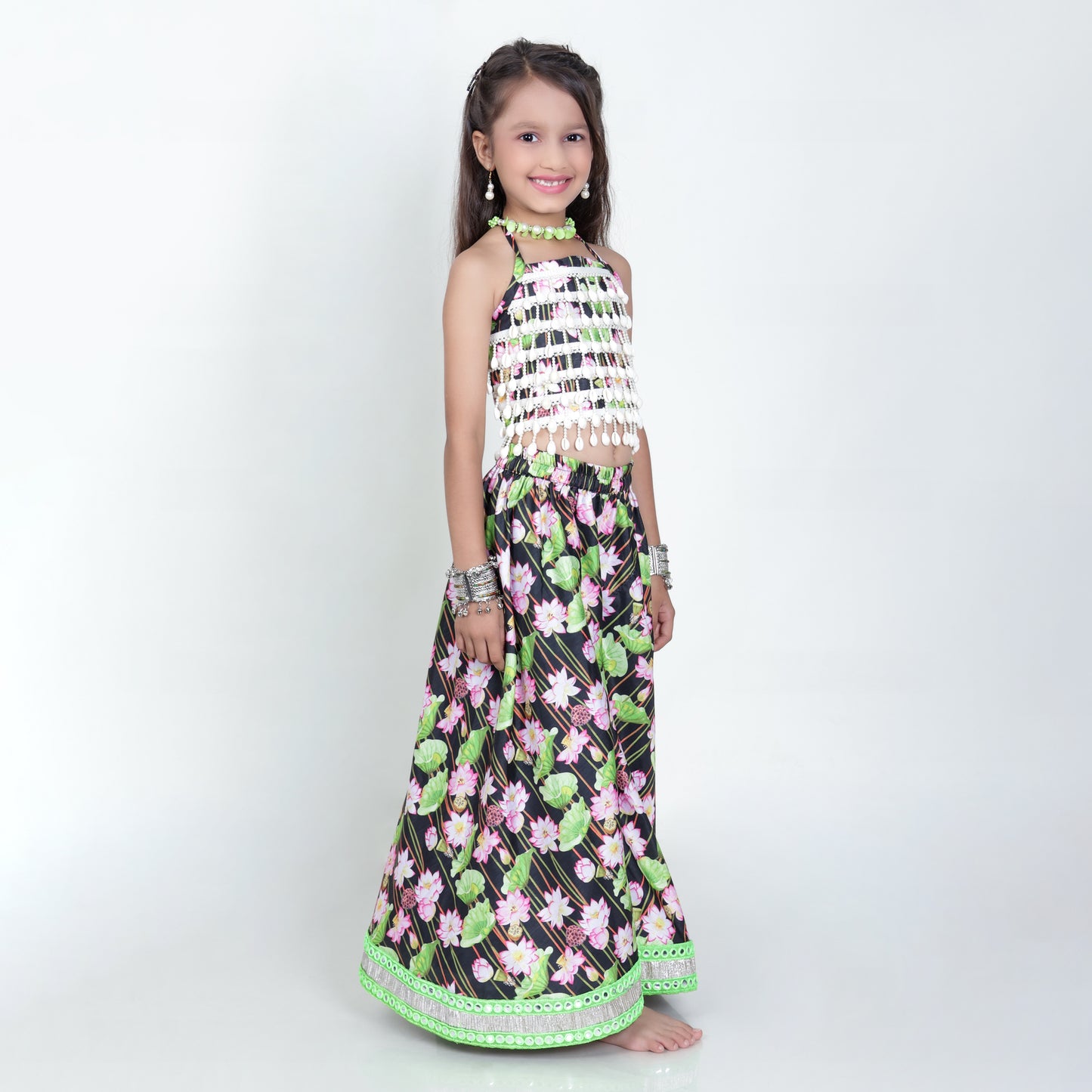 Girls Ethnic Green & Black Palazzo With Blouse