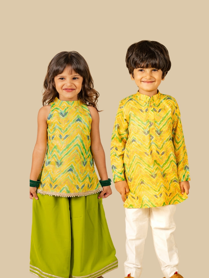 Yellow Cotton Boy Kurta and Girl Top With Palazzo Sibling Outfits