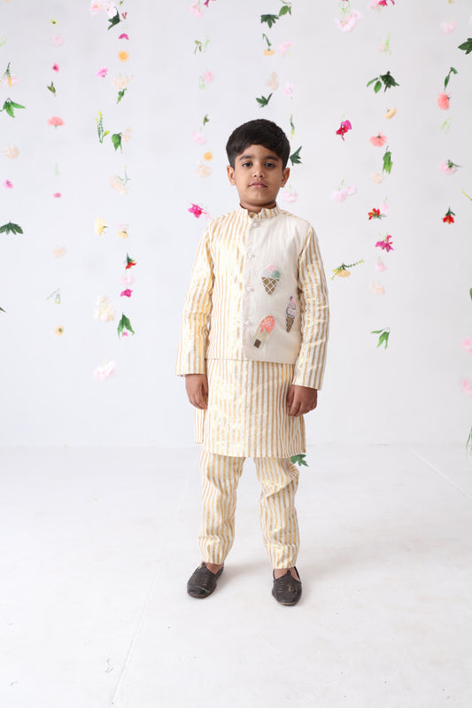 Boys Cotton Lurex Hand Embroidered Ice-cream Jacket with Cotton Golden Stripes Kurta And Pant
