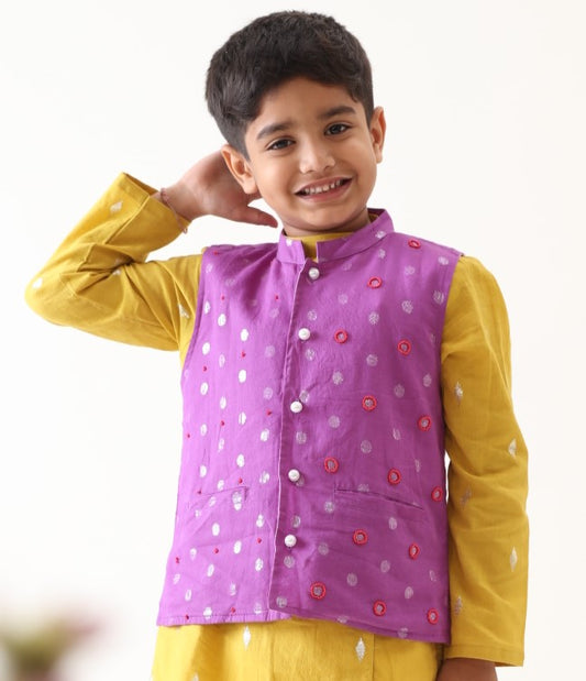 Boys Purple Cotton Hand-Embroidered Jacket Only