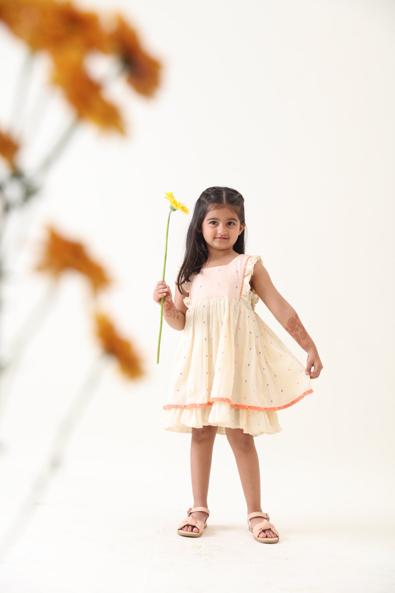 Girls Off-white Cotton Lurex Gathered Dress