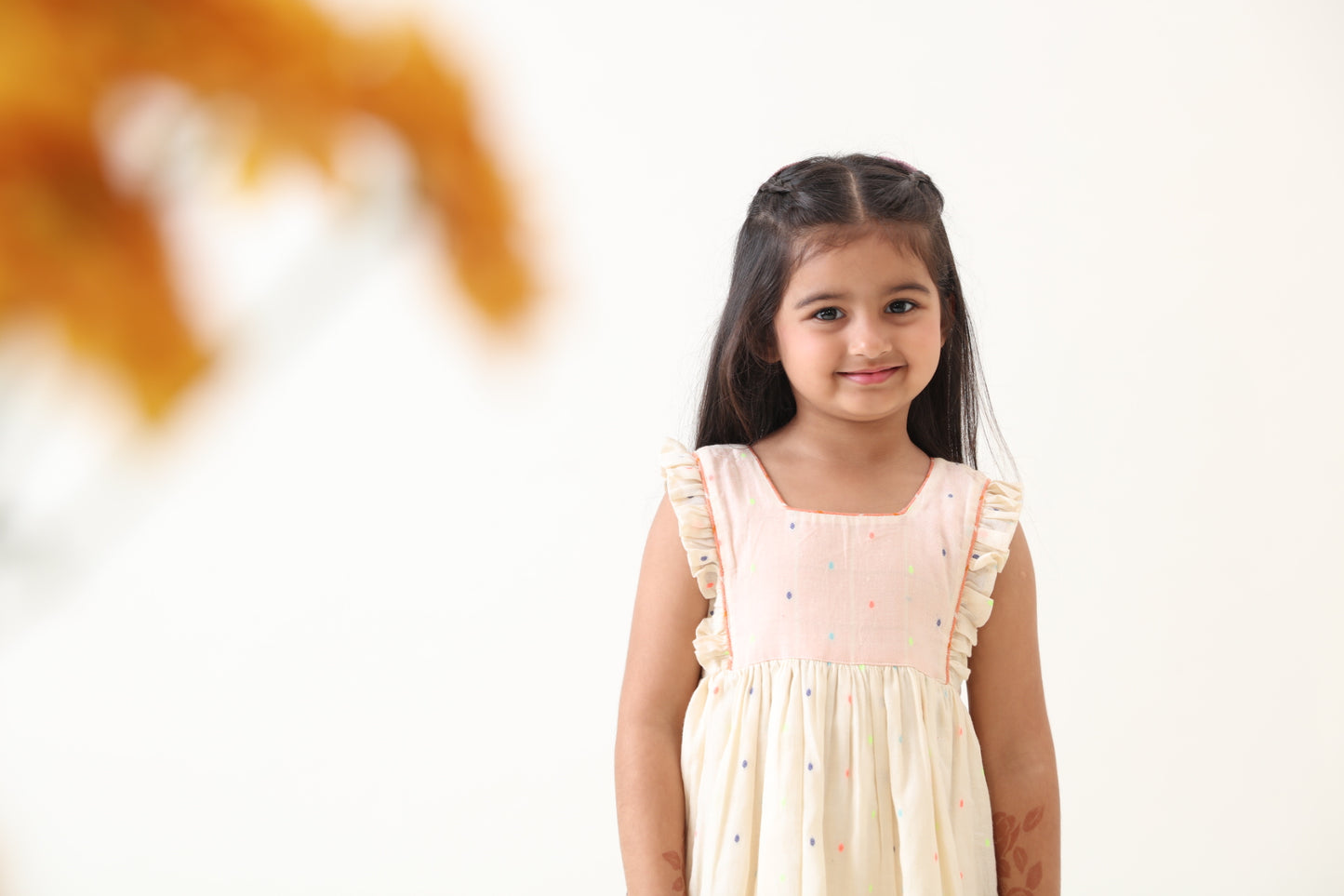 Girls Off-white Cotton Lurex Gathered Dress