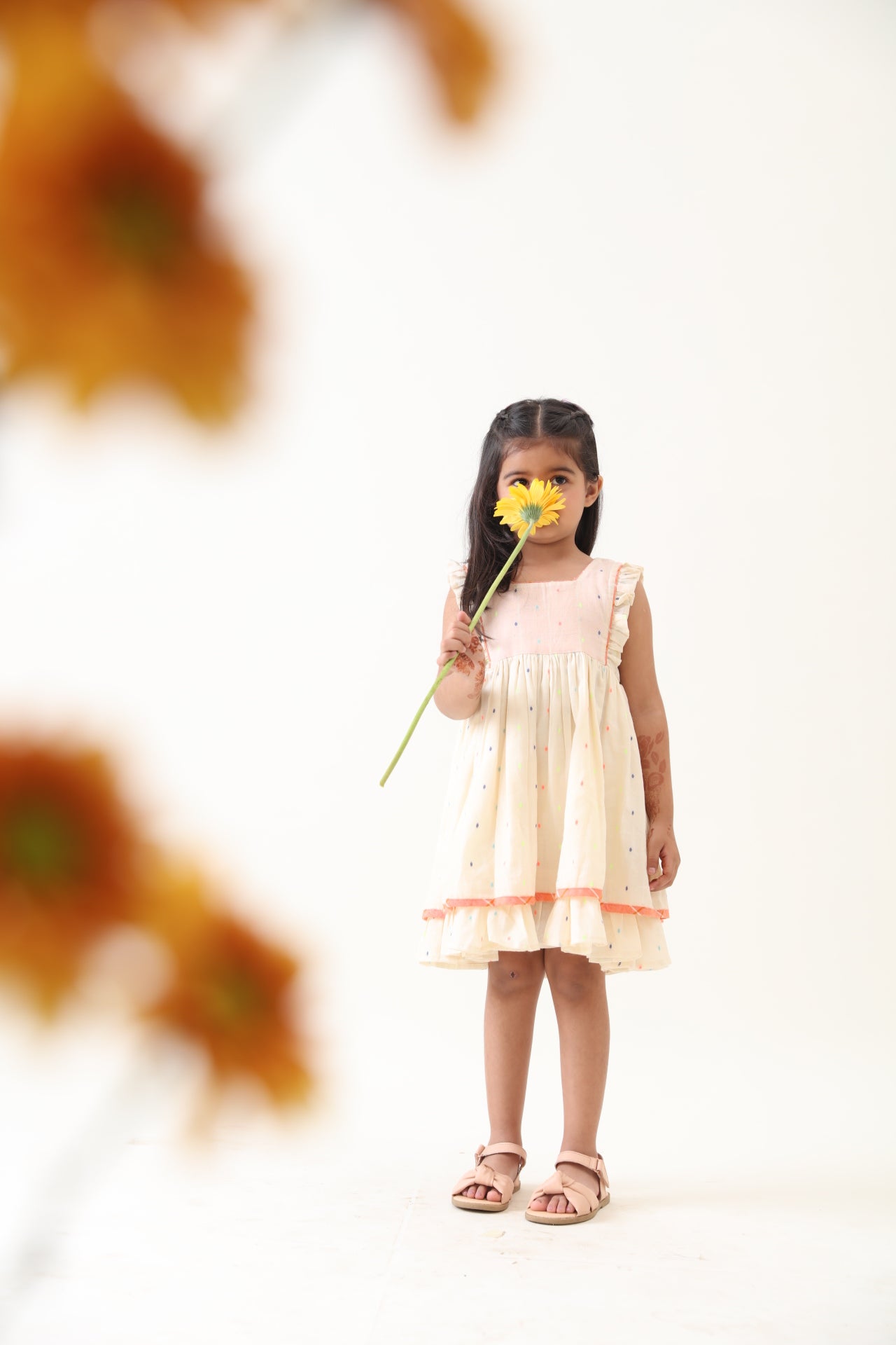 Girls Off-white Cotton Lurex Gathered Dress