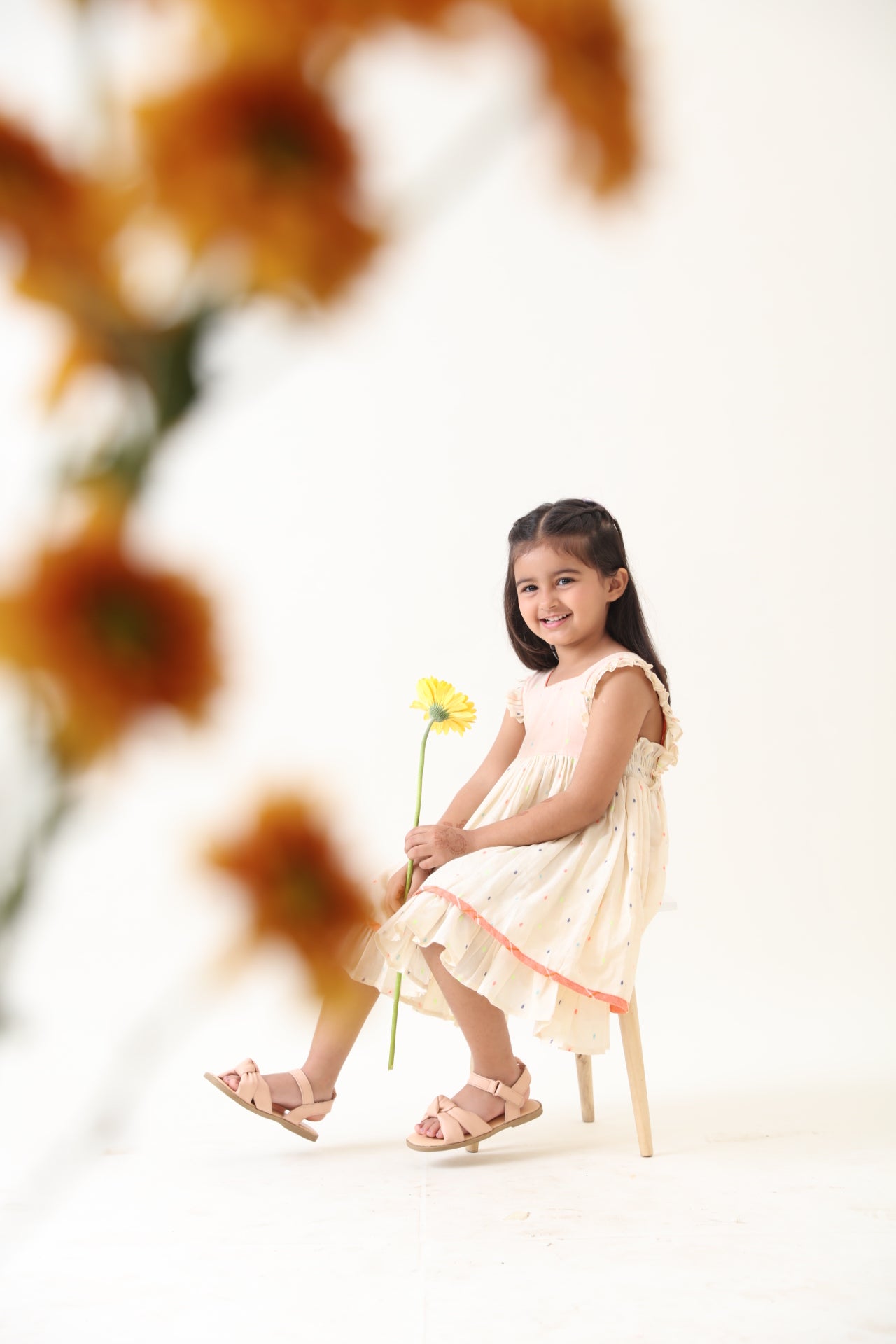 Girls Off-white Cotton Lurex Gathered Dress