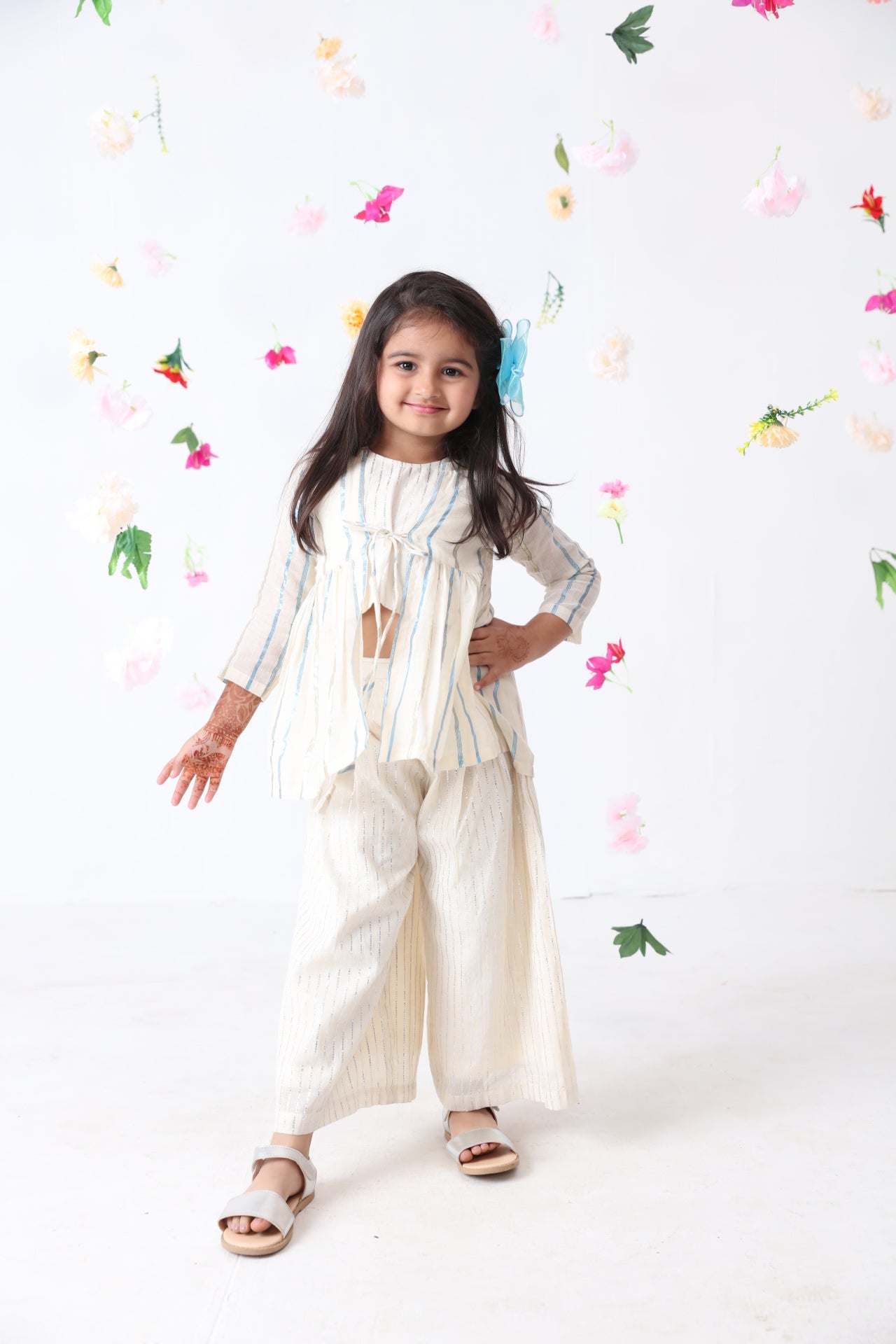 Girls Blue Cotton-lurex Overcoat With Silver Lurex Stripe Top & Palazzo
