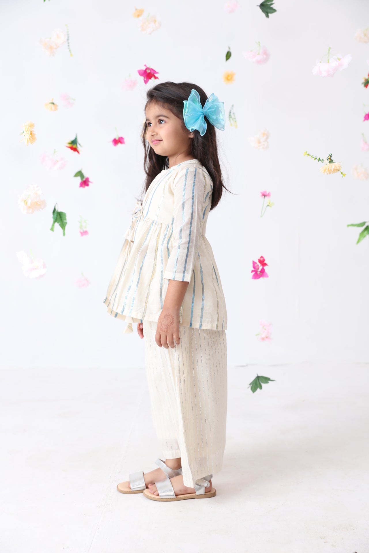 Girls Blue Cotton-lurex Overcoat With Silver Lurex Stripe Top & Palazzo