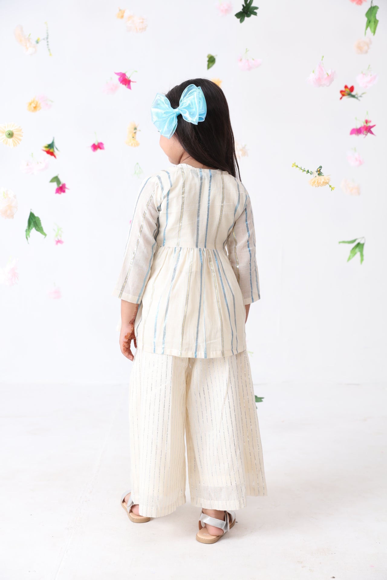 Girls Blue Cotton-lurex Overcoat With Silver Lurex Stripe Top & Palazzo