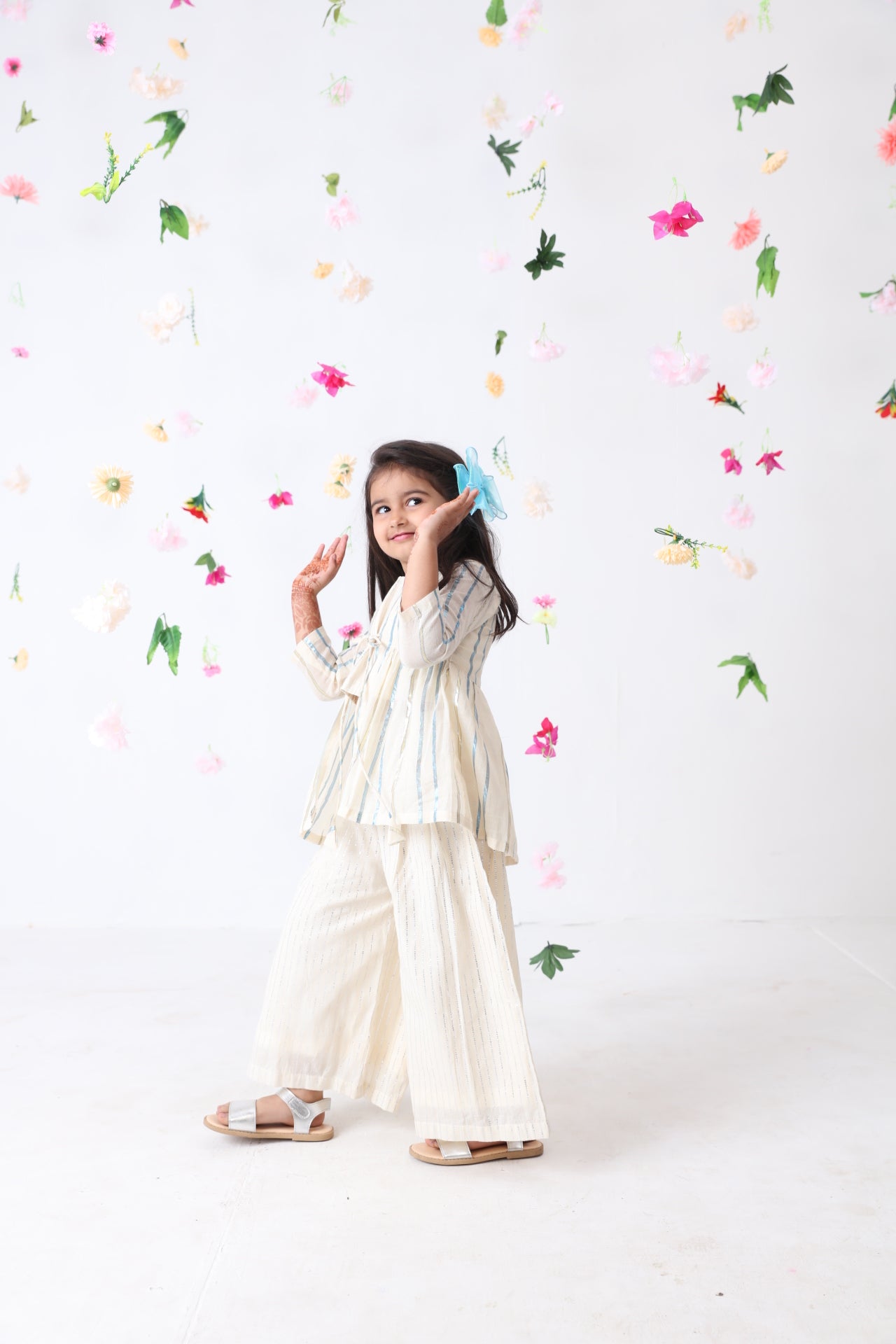 Girls Blue Cotton-lurex Overcoat With Silver Lurex Stripe Top & Palazzo