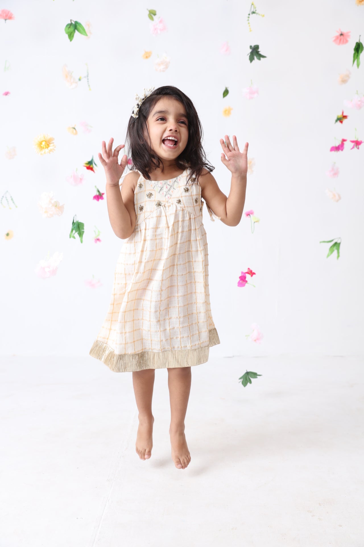 Girls Off White-golden Checks Hand Embroidered Dress Jilmil Girls Off White-golden Checks Hand Embroidered Dress Jilmil