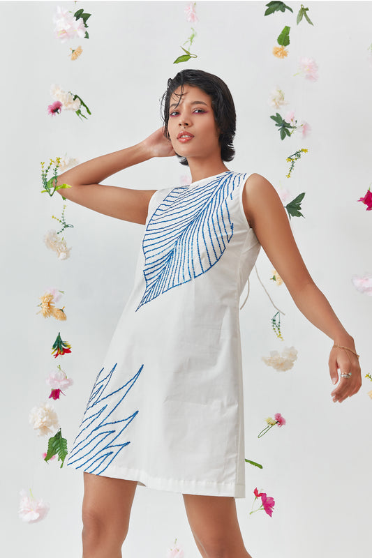 Blue Leave Embroidered cotton dress