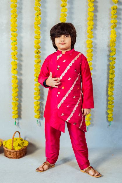 Boys Pink Organza Kurta with pant