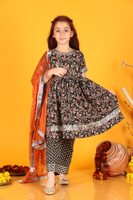 Jilmil Girls Anarkali Black Bagru cotton dress with pant & dupatta (set of 3)