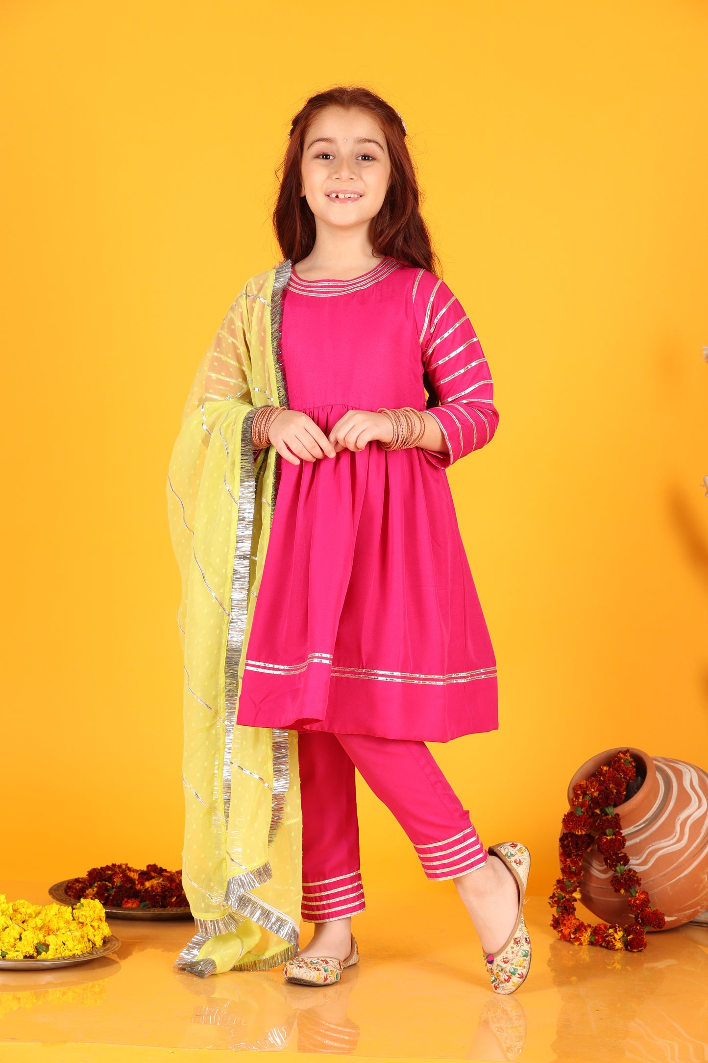 Jilmil Girls Magenta Dress with pant & Dupatta (set of 3)