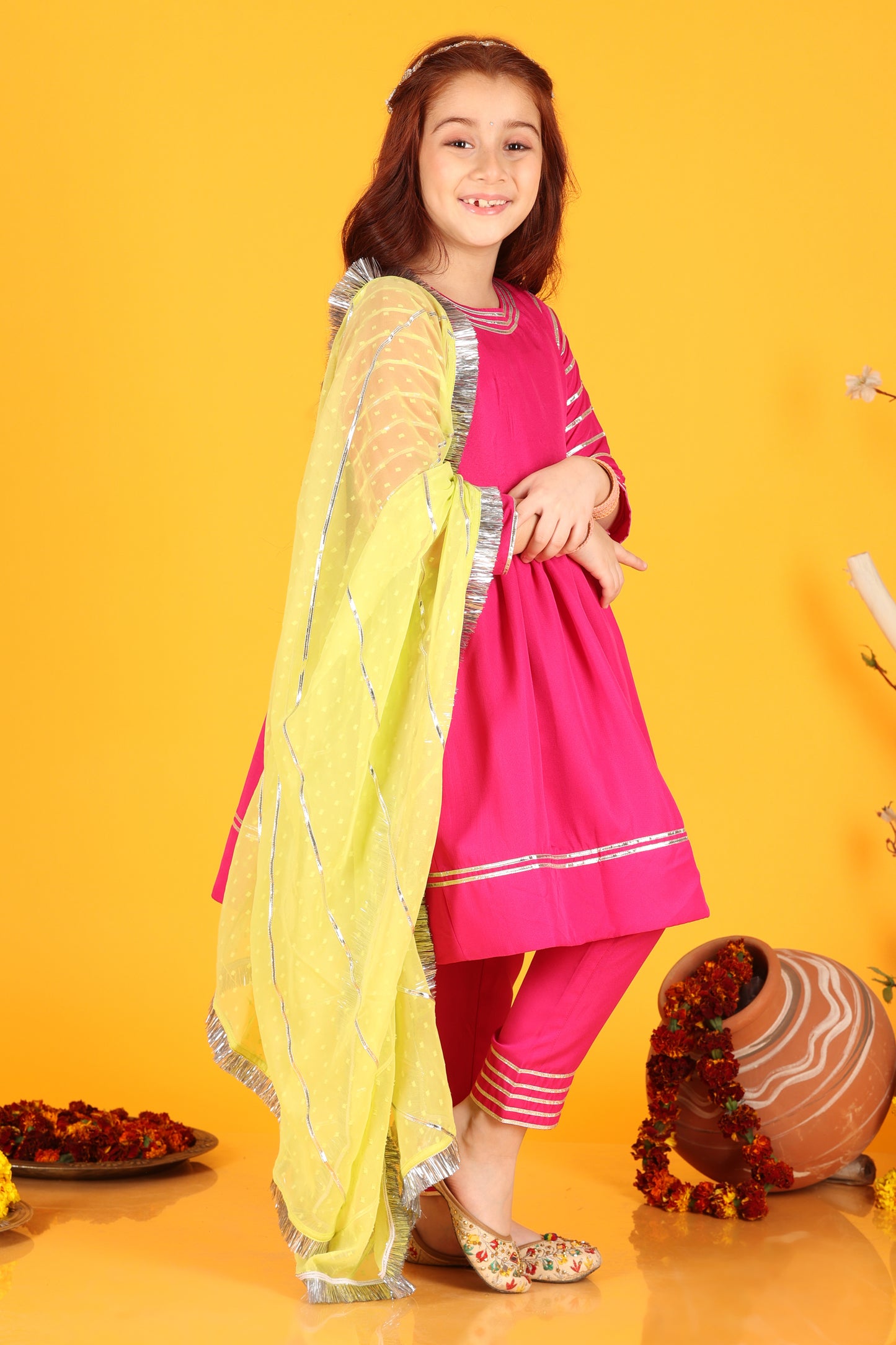 Jilmil Girls Magenta Dress with pant & Dupatta (set of 3)