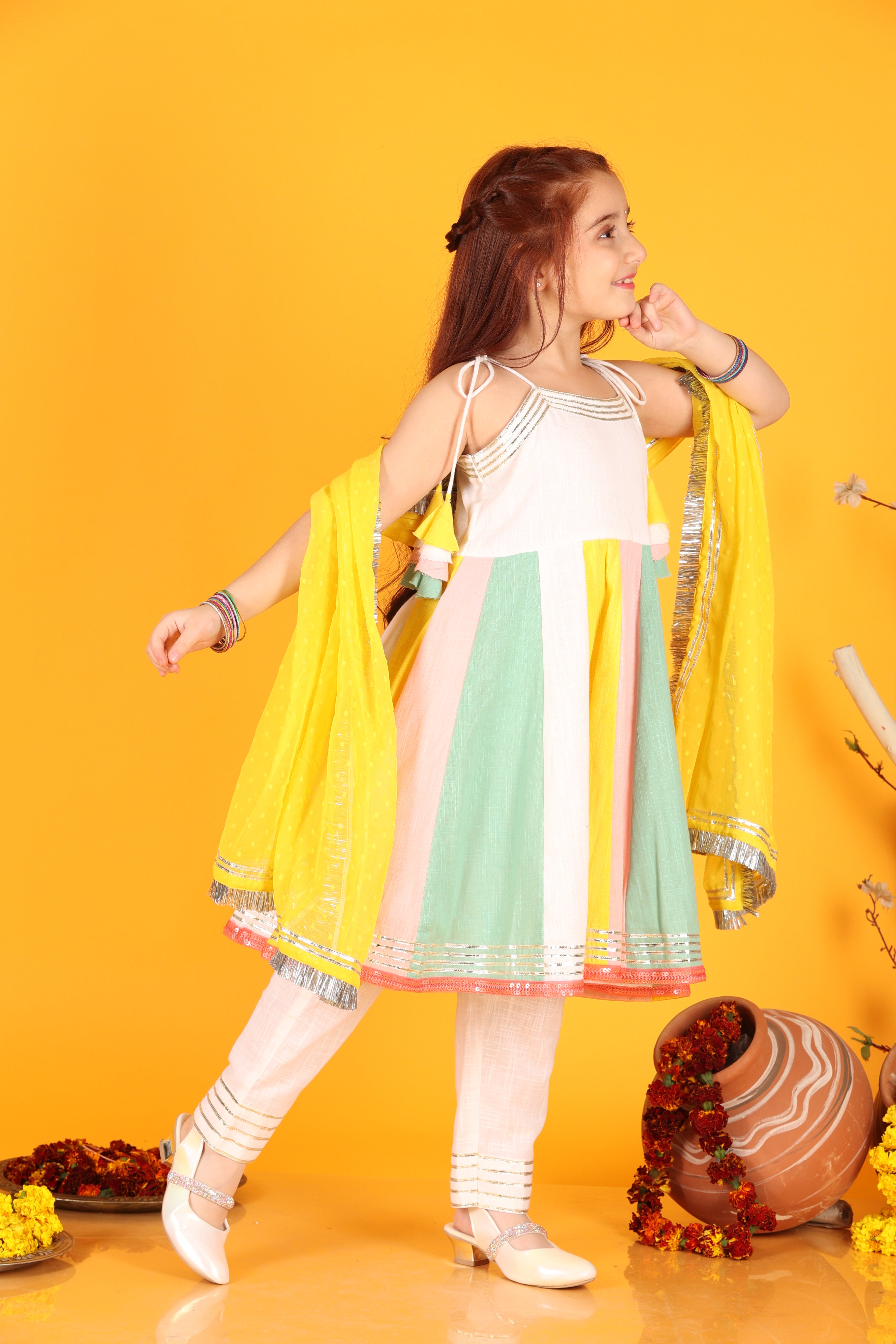 White dress with multicolor dupatta hotsell