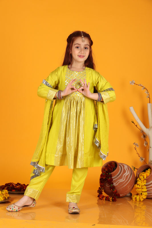 Jilmil Girls Anarkali Neon Yellow Silk Dress with Pant & Dupatta (set of 3)
