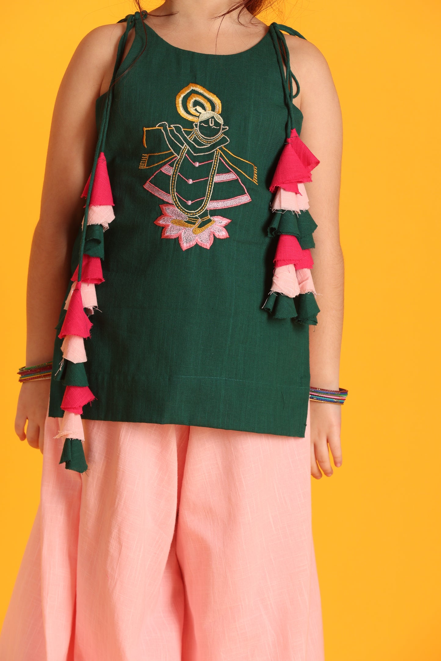 Jilmil Girls Embroidered Green Shreenathji Cotton Kurta with Sharara (set of 2)