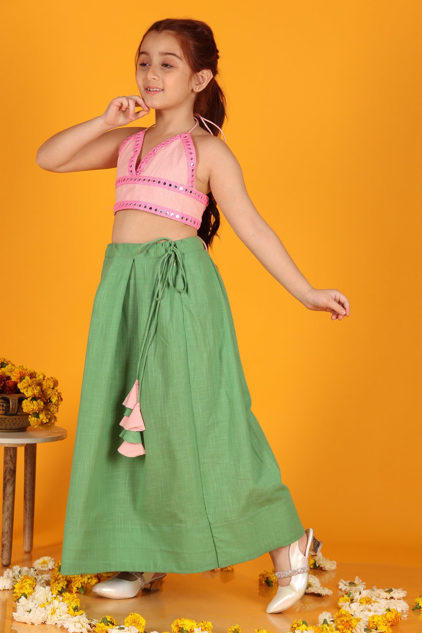 Jilmil Girls Mirror emblished Baby Pink Top with Green cotton Lehenga (set of 2)