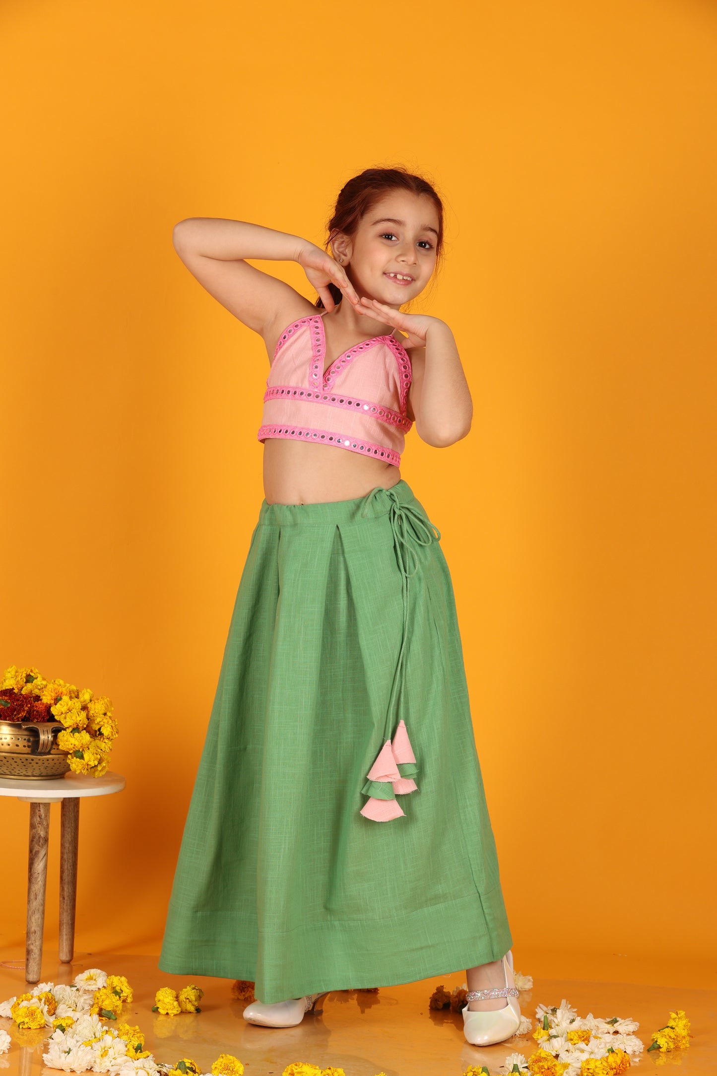 Jilmil Girls Mirror emblished Baby Pink Top with Green cotton Lehenga (set of 2)