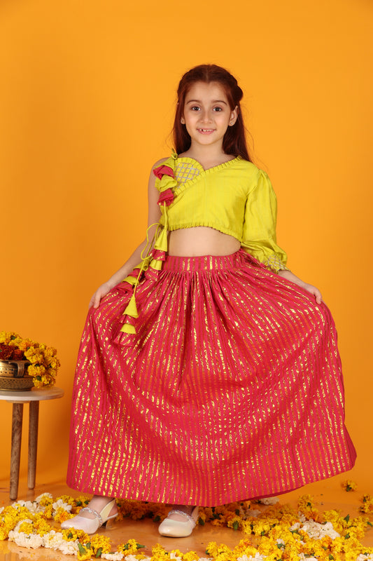 Jilmil Girls Gota Work Neon Yellow Top And Elegant Tassels Embellished Flared Lehenga (set of 2)