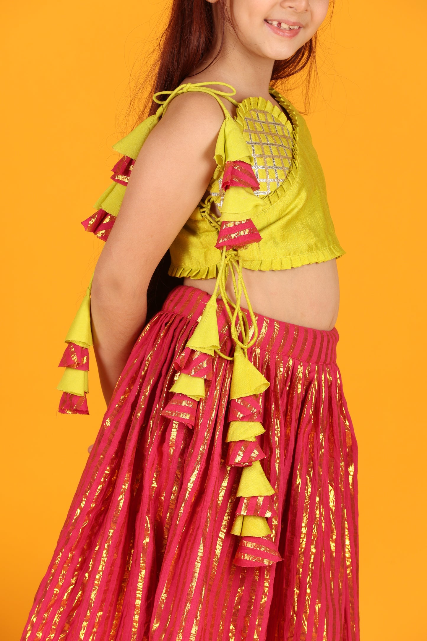 Jilmil Girls Gota Work Neon Yellow Top And Elegant Tassels Embellished Flared Lehenga (set of 2)