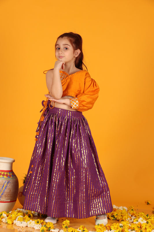 Jilmil Girls Gota Work Orange Top And Elegant Tassels Embellished Flared Lehenga (set of 2)