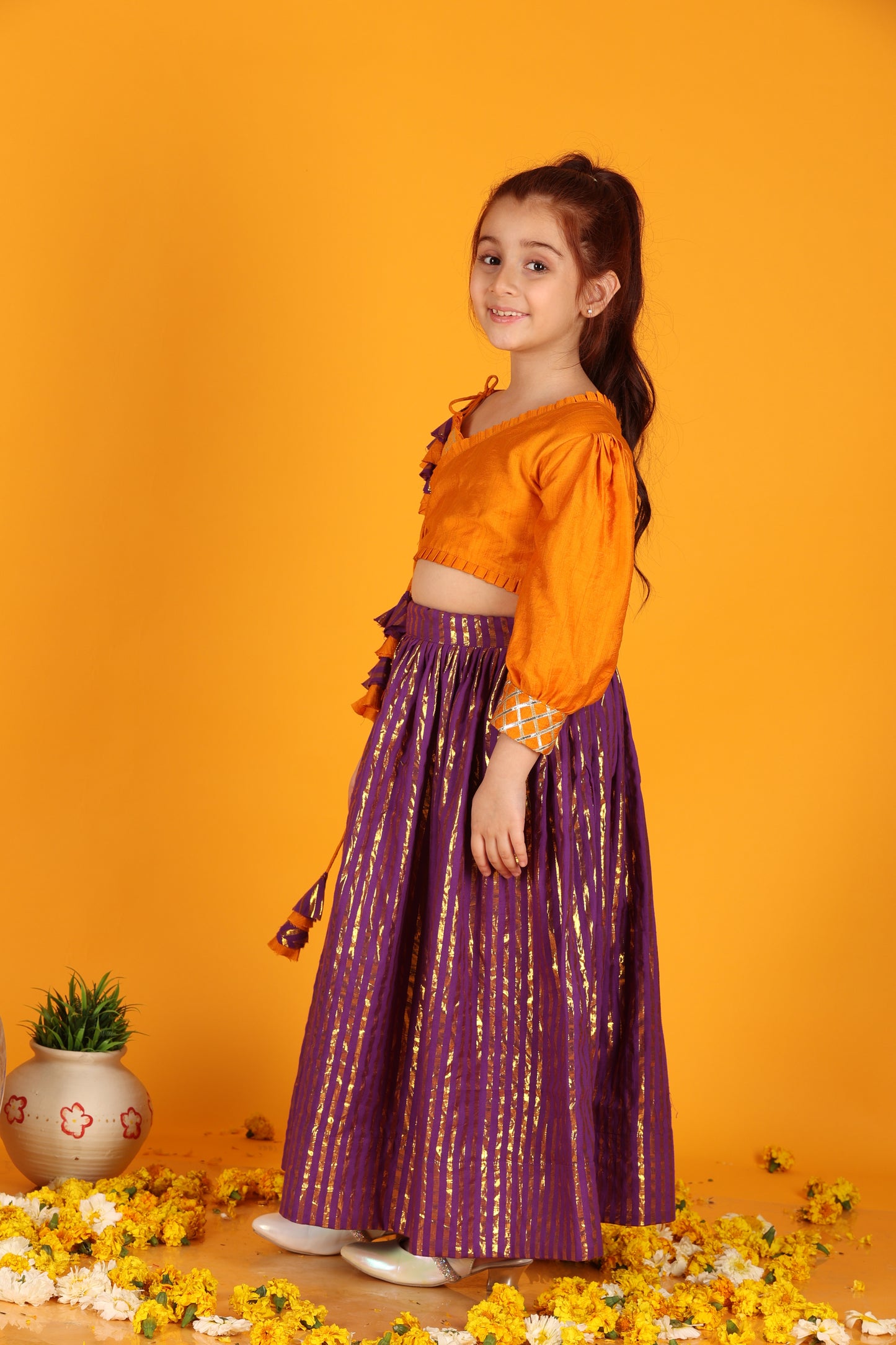 Jilmil Girls Gota Work Orange Top And Elegant Tassels Embellished Flared Lehenga (set of 2)