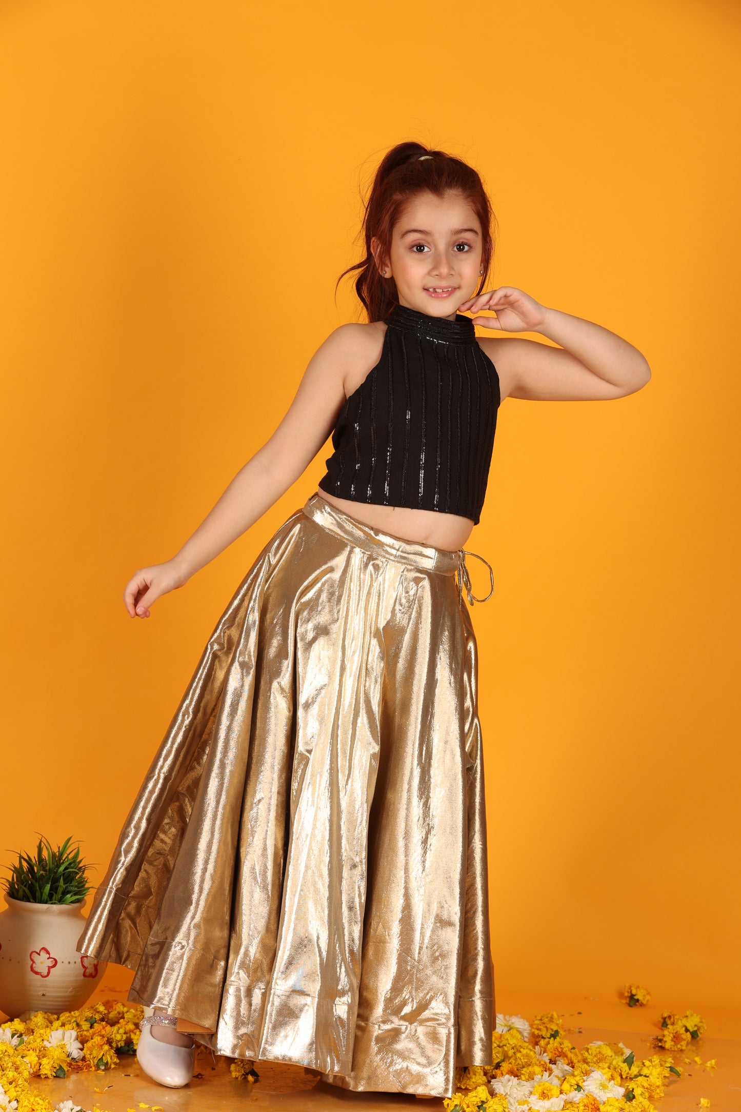 Jilmil Girls Sequence emblished Black cotton Crop top with Golden Lehenga (set of 2)