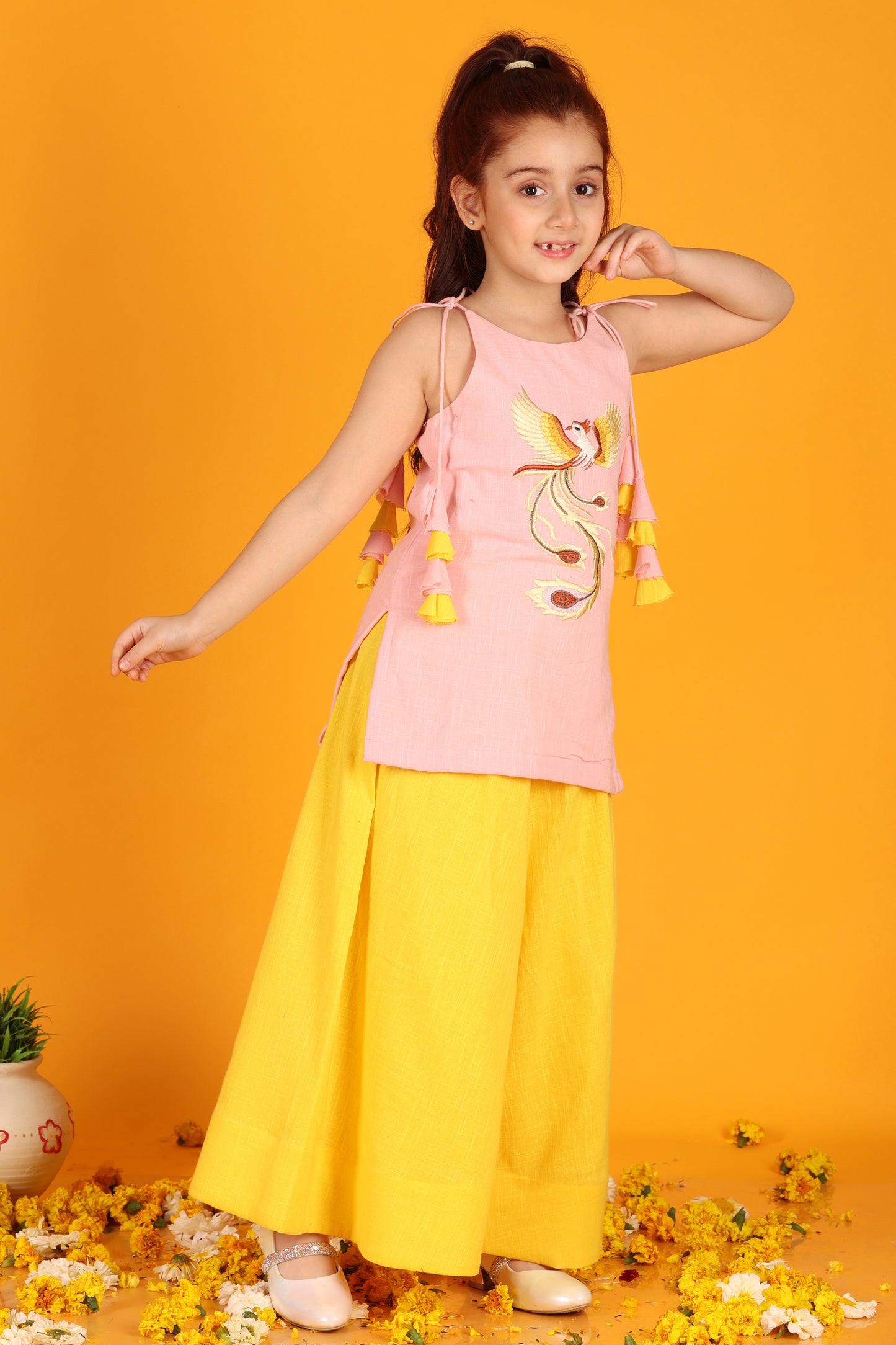 Jilmil Girls Phoenix Embroidered Pink Cotton Kurta with Yellow Sharara (set of 2)