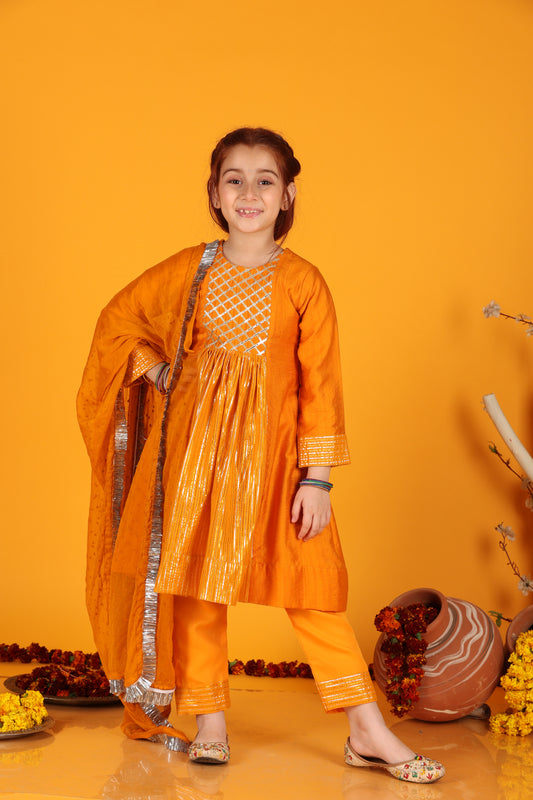 Jilmil Girls Anarkali Neon Orange Silk Dress with Pant & Dupatta (set of 3)