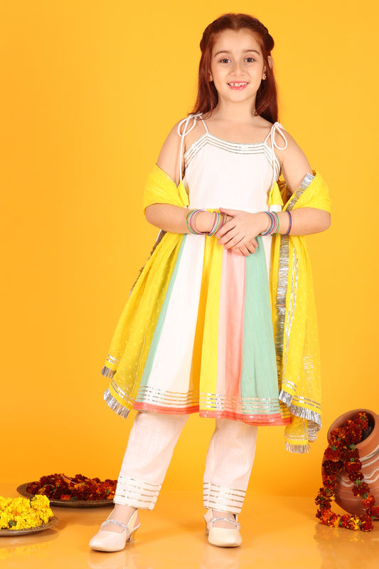 Jilmil Girls White Multicolor Cotton Dress with pant & Dupatta (set of 3)