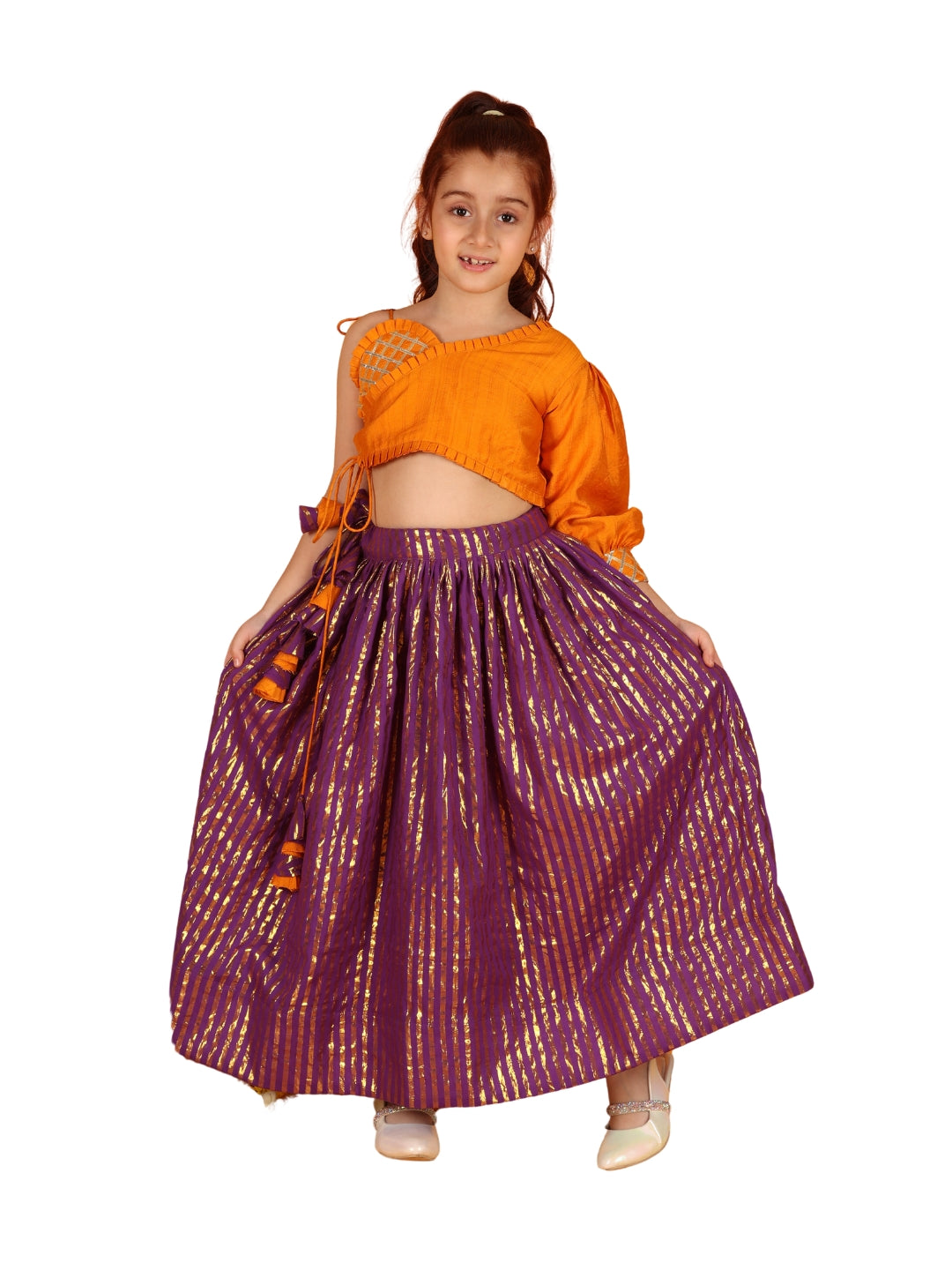 Jilmil Girls Gota Work Orange Top And Elegant Tassels Embellished Flared Lehenga (set of 2)