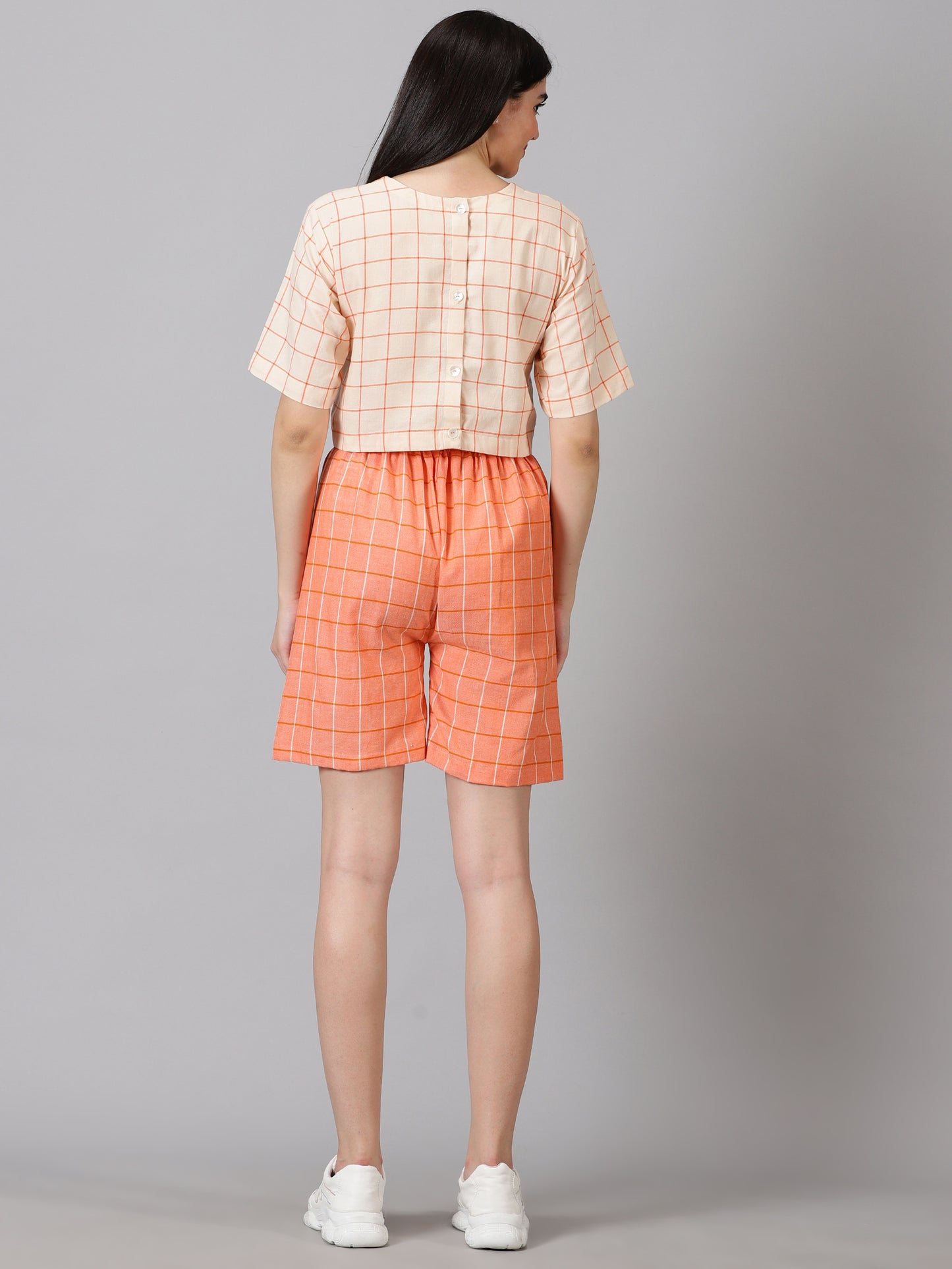 Peach Checks Cotton Crop Top & Shorts