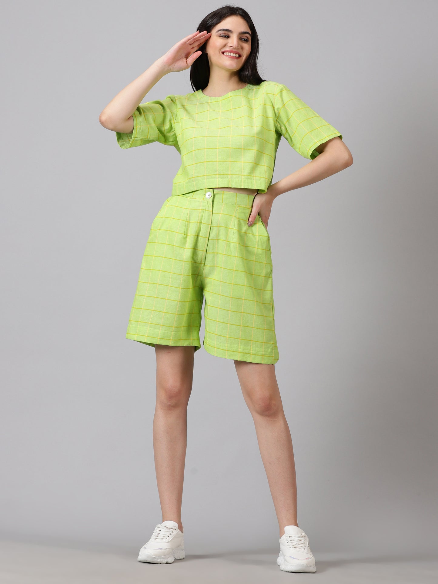 Lime Checks Cotton Crop Top & Shorts