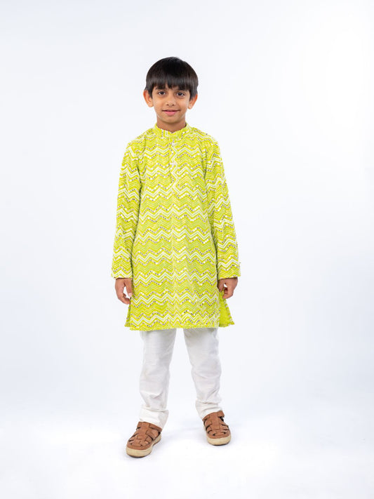 Zigzag and dot pattern embroidered light green Kurta and White Pant (Set of 2)