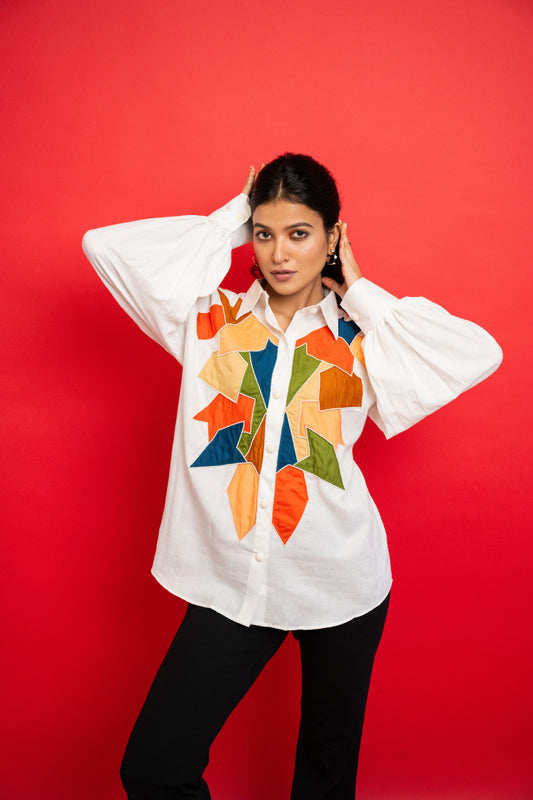 White Geometric Handcrafted Cotton Shirt